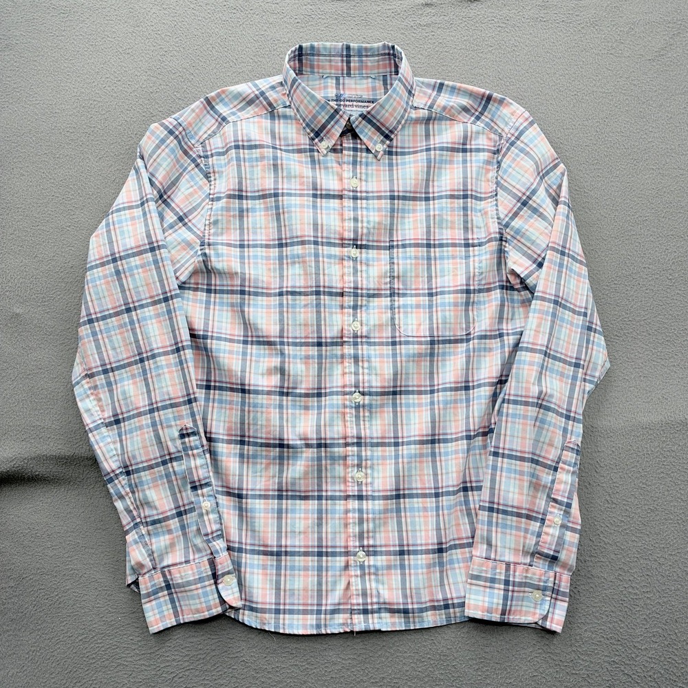 Vineyard Vines Shirt Mens Medium Blue Plaid Long Sleeve Performance Button Up